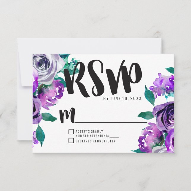 Mint & Purple Floral Rose Wedding RSVP Response (Front)