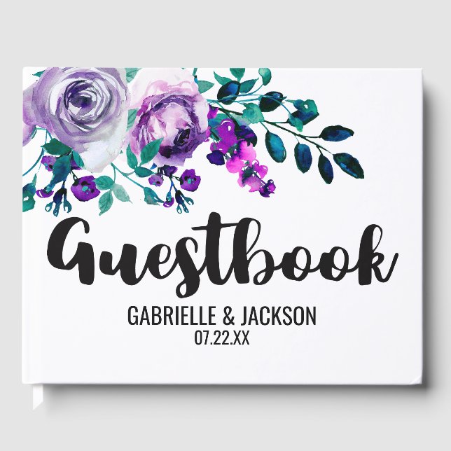 Mint & Purple Floral Watercolor Wedding Monogram Guest Book (Front)