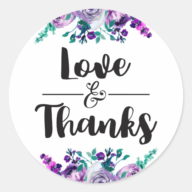 Mint & Purple Floral Wedding Love & Thanks Favour Classic Round Sticker (Front)