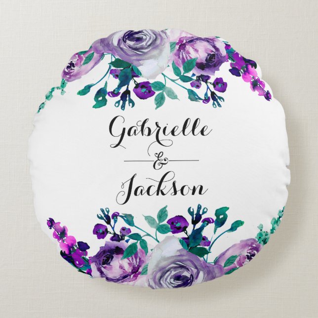 Mint & Purple Floral Wedding Ring Bearer Round Cushion (Front)