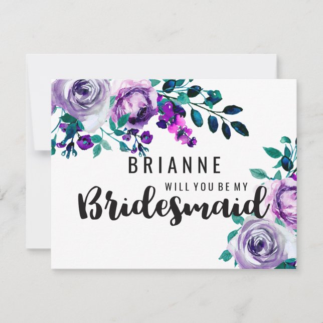 Mint & Purple Floral Will You Be My Bridesmaid Invitation (Front)