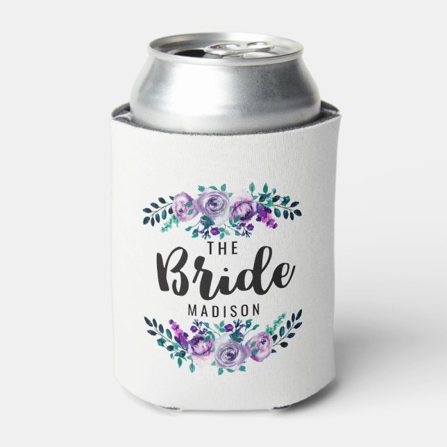 Mint & Purple Floral Wreath Wedding Bride Can Cooler (Can Front)