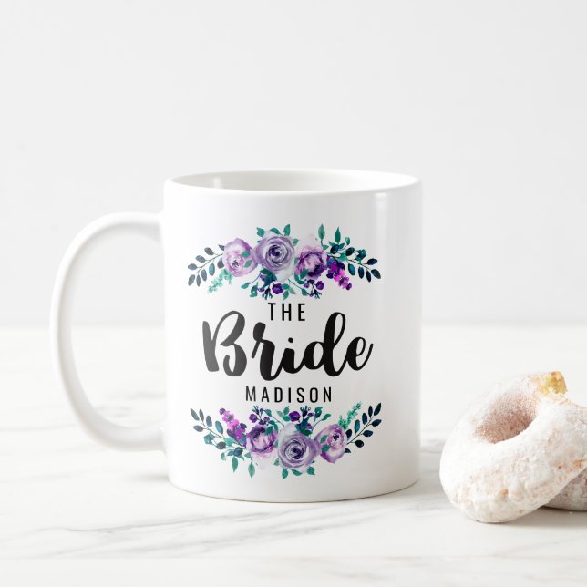 Mint & Purple Floral Wreath Wedding Bride Coffee Mug (With Donut)