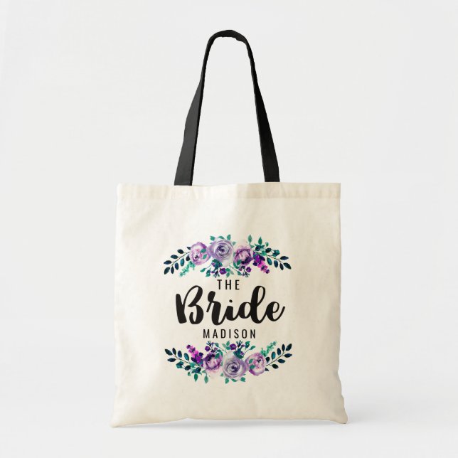 Mint & Purple Floral Wreath Wedding Bride Tote Bag (Front)