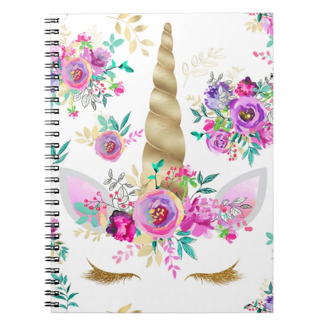 Mint, Purple, Gold Floral Unicorn Notebook (Front)