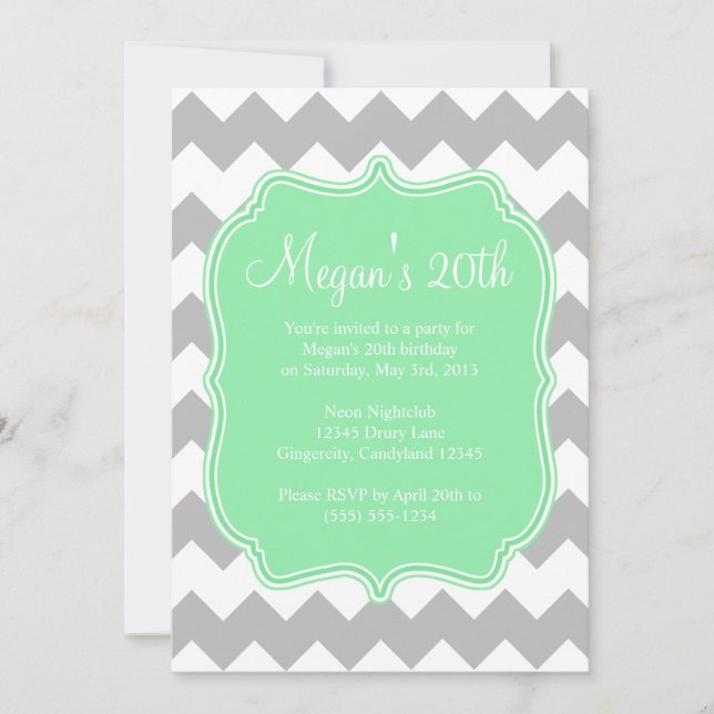 Mint Quatrefoil Chevron Birthday Invitation (Front)