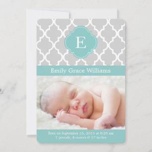 Mint Quatrefoil Monogram Birth Announcements