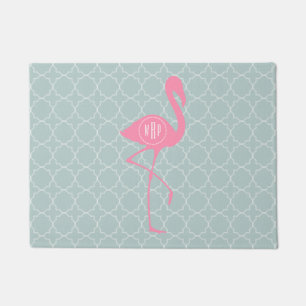 Mint Quatrefoil Monogram Flamingo Doormat