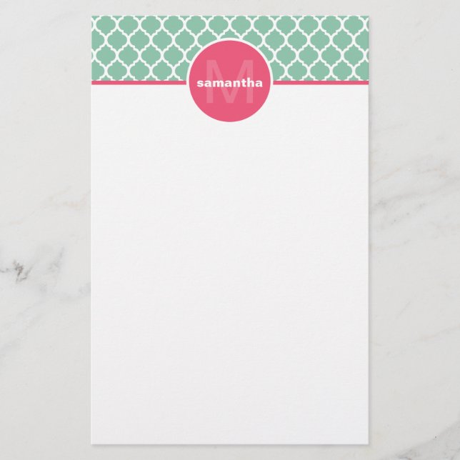Mint Quatrefoil Monogram Stationery (Front)
