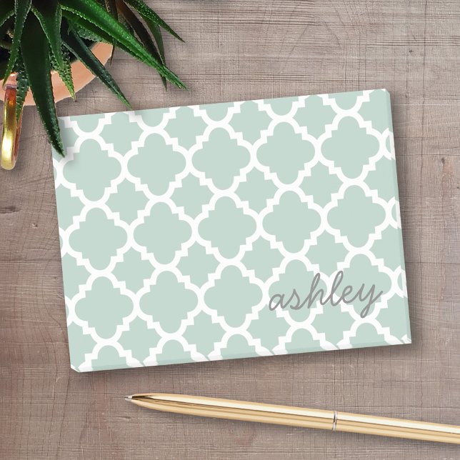 Mint Quatrefoil Pattern with Personalised Name Post-it Notes (Personalized Post-it notes - add your name and other text)