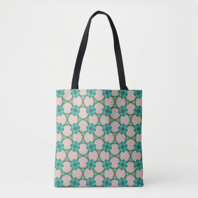 Mint & Red Retro Floral Tote Bag (Front)