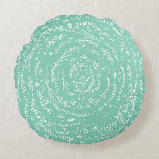 MINT Reversible to Lighter Floral Garland Pattern Round Cushion (Front)