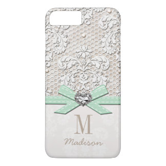 Mint Rhinestone Look Printed Lace and Bow Heart iPhone 8 Plus/7 Plus Case