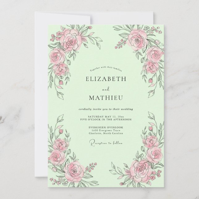 Mint Rosebud Wedding Invitation (Front)