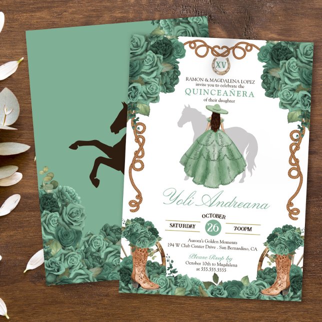 Mint Roses Charro Light Green Vestidos Quinceañera Invitation (Creator Uploaded)