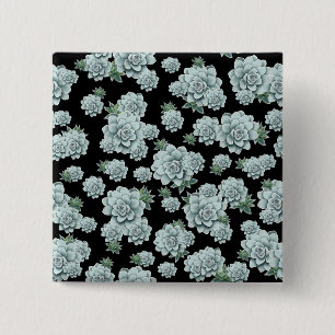 Mint Rosette Succulents Repeat Print on Black 15 Cm Square Badge