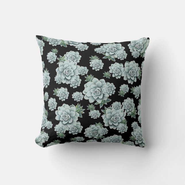 Mint Rosette Succulents Repeat Print on Black Cushion (Front)