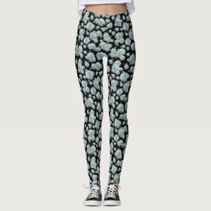 Mint Rosette Succulents Repeat Print on Black Leggings