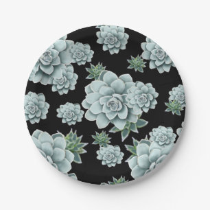 Mint Rosette Succulents Repeat Print on Black Mess Paper Plate