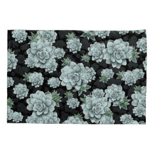 Mint Rosette Succulents Repeat Print on Black Pillowcase