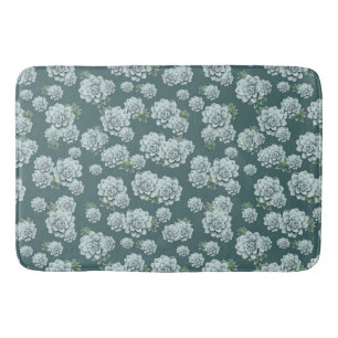 Mint Rosette Succulents Repeat Print on Pine Green Bath Mat