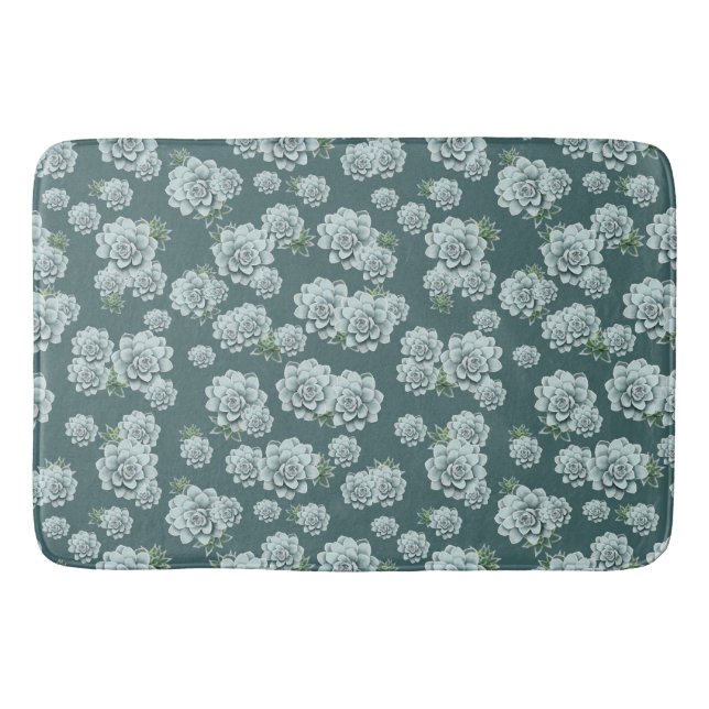 Mint Rosette Succulents Repeat Print on Pine Green Bath Mat (Front)