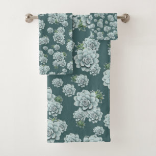 Mint Rosette Succulents Repeat Print on Pine Green Bath Towel Set