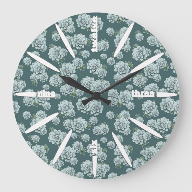 Mint Rosette Succulents Repeat Print on Pine Green Large Clock (Front)