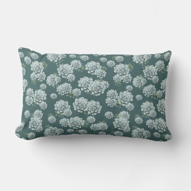Mint Rosette Succulents Repeat Print on Pine Green Lumbar Cushion (Front)