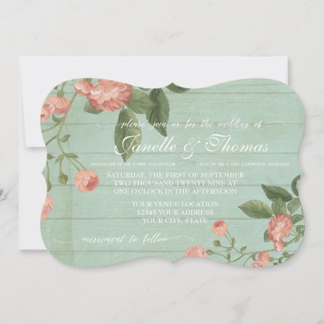 Mint Rustic Elegant Wood Pretty Peach Blush Roses Invitation (Front)