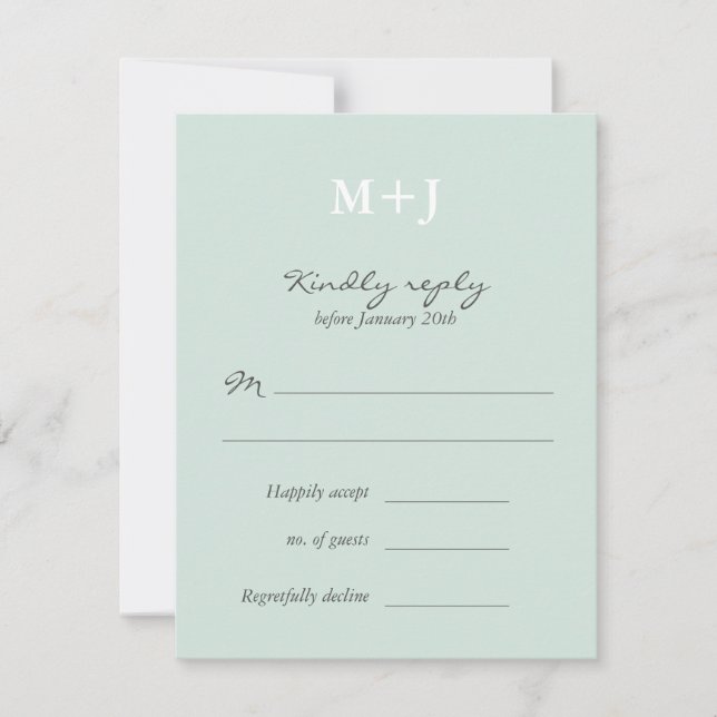 Mint Rustic Monogram Wreath Wedding RSVP reply Card (Front)