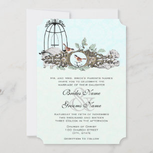 Mint Rustic Romantic Love Bird Birdcage Oak Tree Invitation