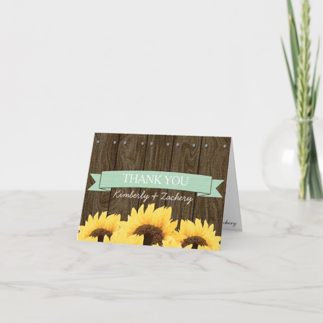 MINT RUSTIC SUNFLOWER WEDDING THANK YOU CARD (Front)