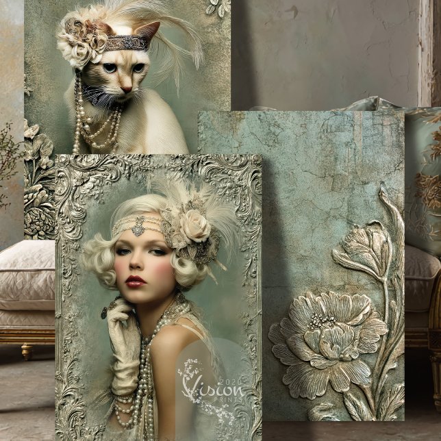 Mint Sage Allure Roaring 20's Matching Set Wrapping Paper Sheet (Mint Sage Roaring 20's Mix and Match Heavy Weight Decoupage and Craft Set)