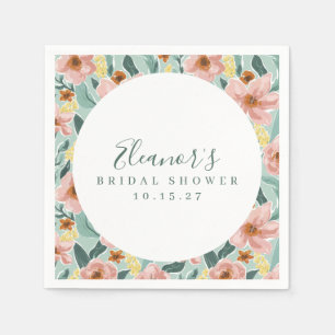 Mint Sage Pink Floral Script Bridal Shower Custom Napkin
