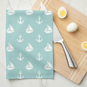 Mint Sailboats and Anchors Pattern Tea Towel