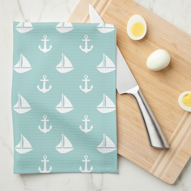 Mint Sailboats and Anchors Pattern Tea Towel (Quarter Fold)