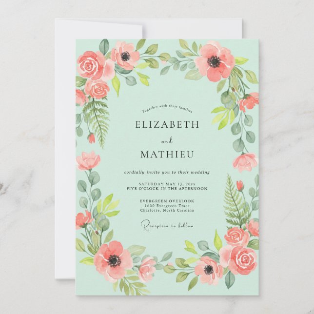 Mint Salmon Wreath Wedding Invitation (Front)