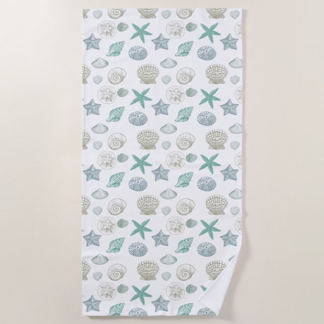Mint Sand Blue Shells Starfish Beach Towel (Front)
