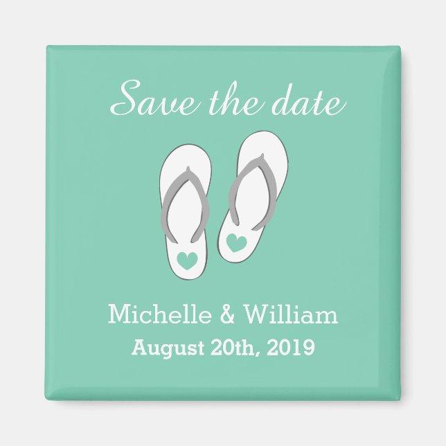 Mint Save the date beach slipper wedding magnets (Front)