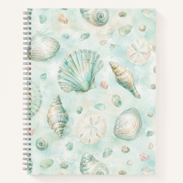 Mint Seashell Watercolor Ocean Pattern Notebook (Front)