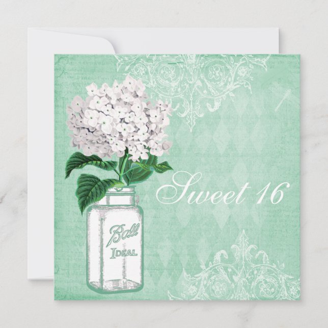 Mint Shabby Chic Mason Jar & Hydrangea Sweet 16 Invitation (Front)