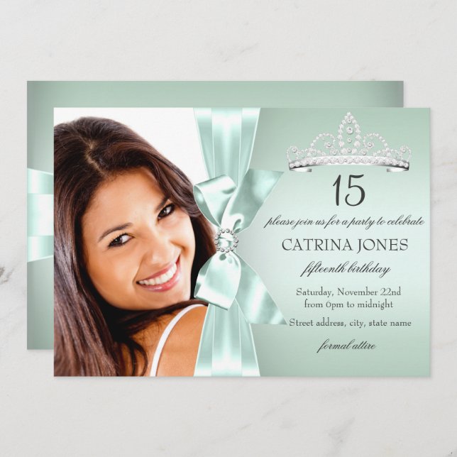 Mint Silver Diamond Bow & Tiara Quinceanera Invite (Front/Back)