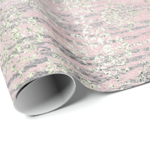 Mint Silver Foxier Pink Blush Damask Wood Rustic Wrapping Paper