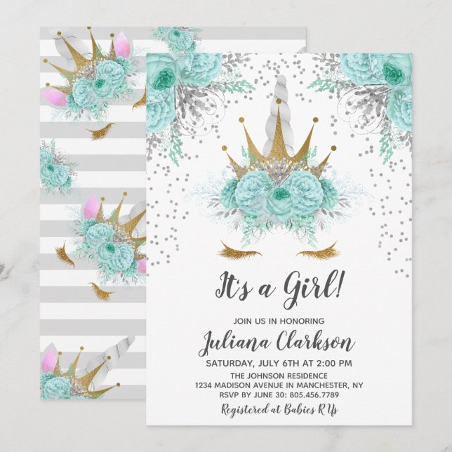 Mint, Silver & Gold Unicorn Princess Baby Shower Invitation (Front/Back)