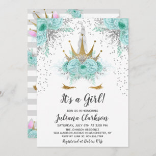 Mint, Silver & Gold Unicorn Princess Baby Shower Invitation