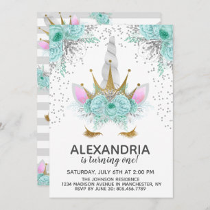 Mint, Silver & Gold Unicorn Princess Birthday Invitation