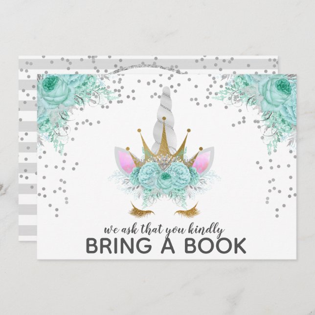 Mint, Silver & Gold Unicorn Princess Bring A Book Invitation (Front/Back)