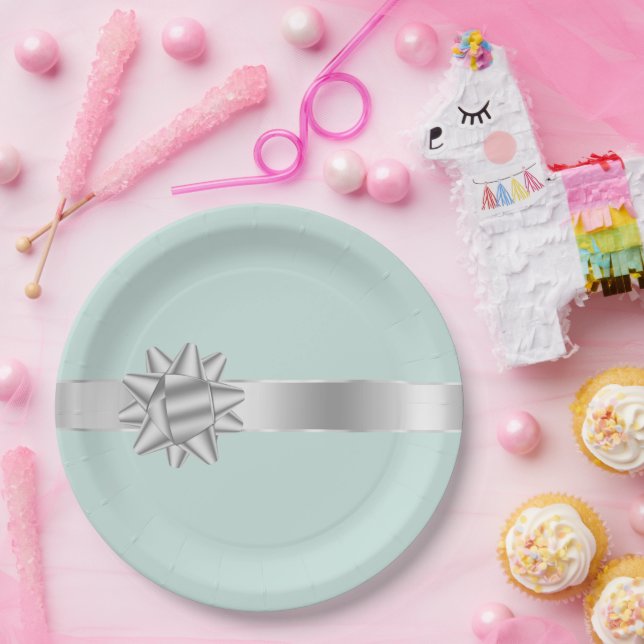 Mint Silver Ribbon Bow Birthday Paper Plate (Party)