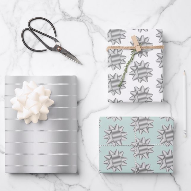 Mint Silver Ribbon Bow Bridal Shower Wrapping Paper Sheet (Front)